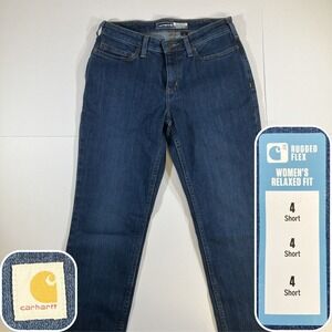 Carhartt Womens Rugged Flex Jeans 4 Short Relaxed Fit Blue Stretch BD5333-W New